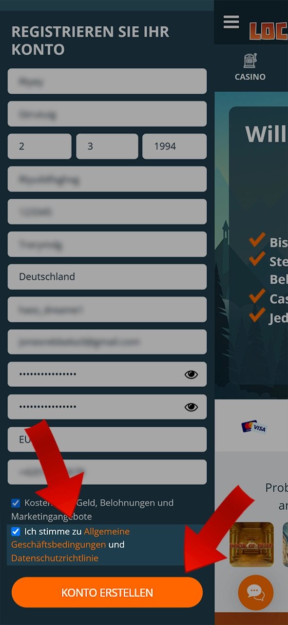 Akzeptieren Sie die LocoWin-Bedingungen und klicken Sie auf Konto erstellen.