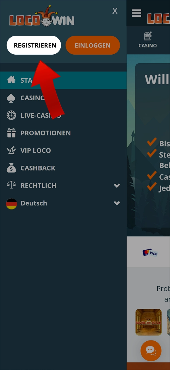 Um den Registrierungsprozess bei LocoWin zu starten, klicken Sie auf die Schaltfläche Registrieren.