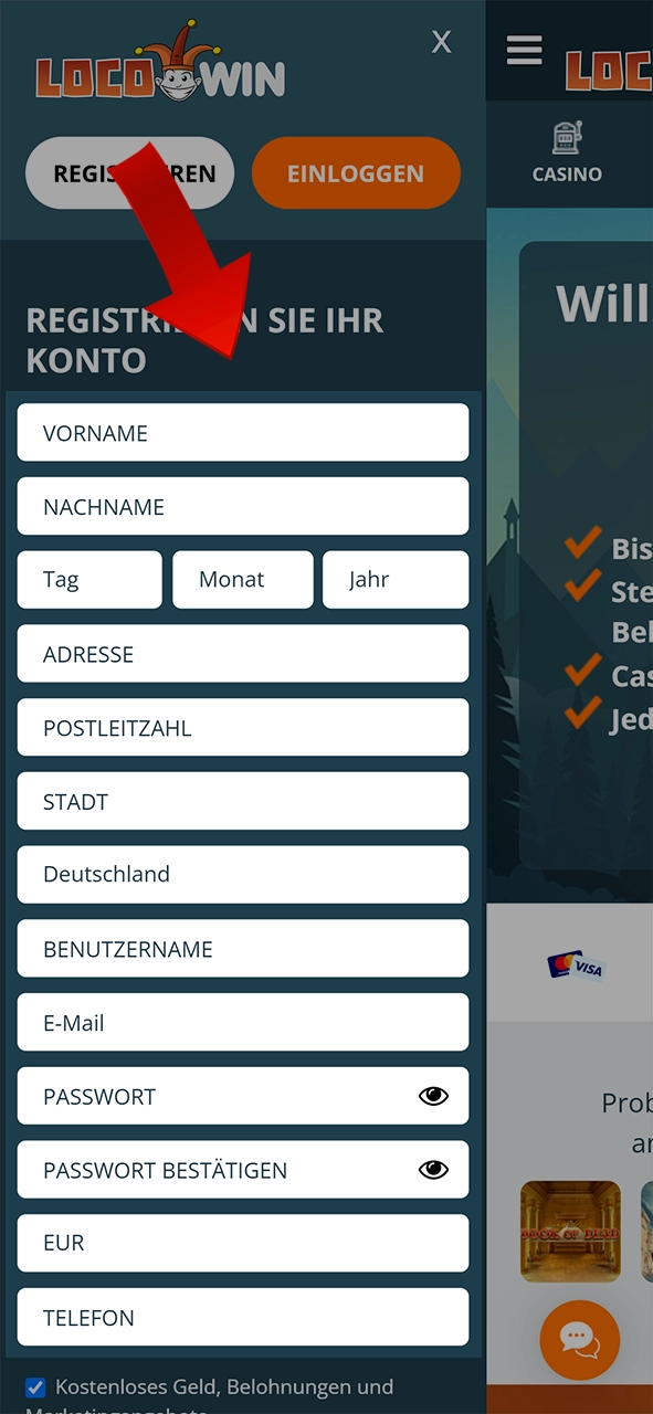 Füllen Sie die erforderlichen Felder aus, um sich bei LocoWin zu registrieren.