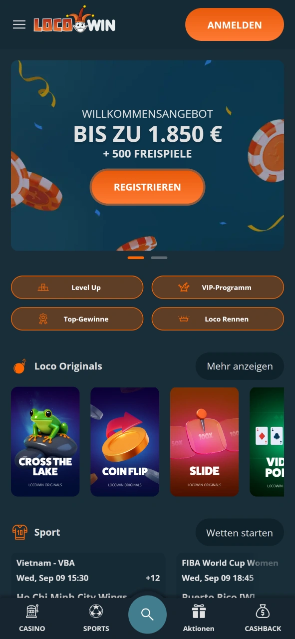 Startseite von LocoWin Casino.