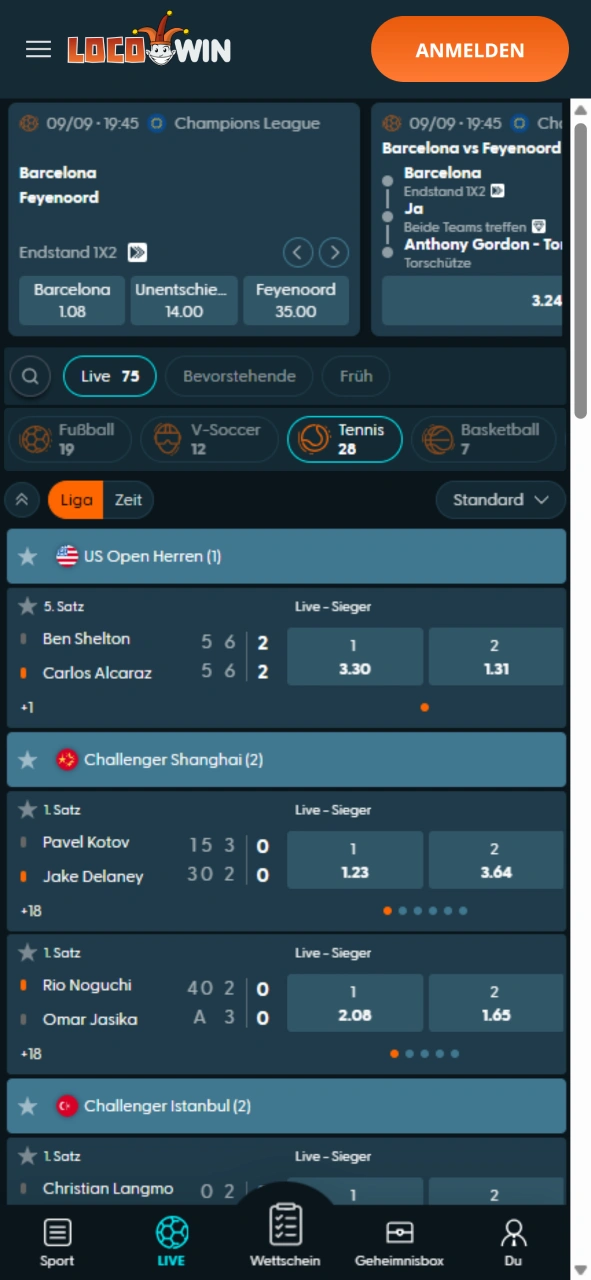 Sportwetten-Bereich von LocoWin.