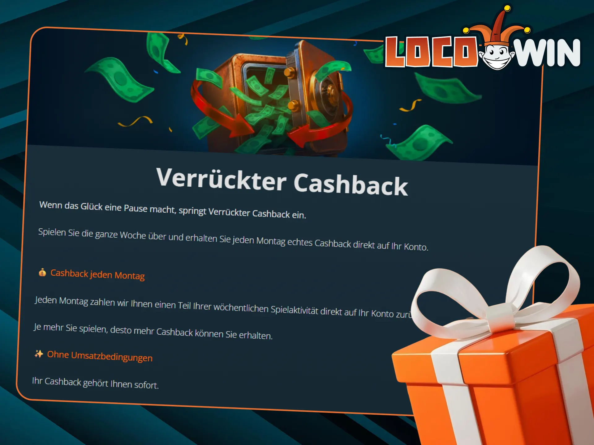 Spielen Sie im LocoWin Casino und erhalten Sie jeden Montag Cashback.