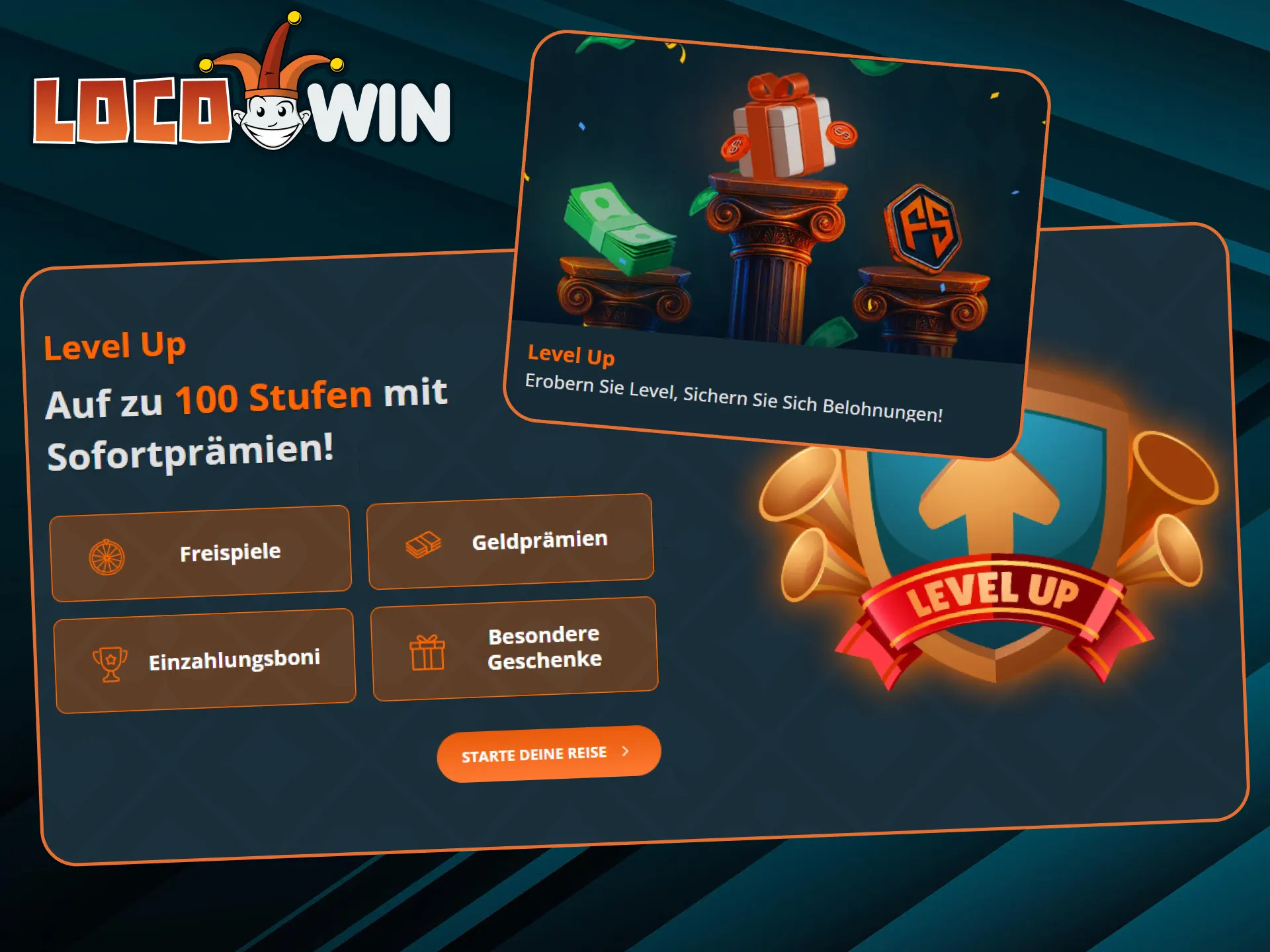 Durch die Teilnahme an der Level Up-Aktion steigen Sie im LocoWin Casino auf und erhalten Belohnungen ohne Einsatzanforderungen.